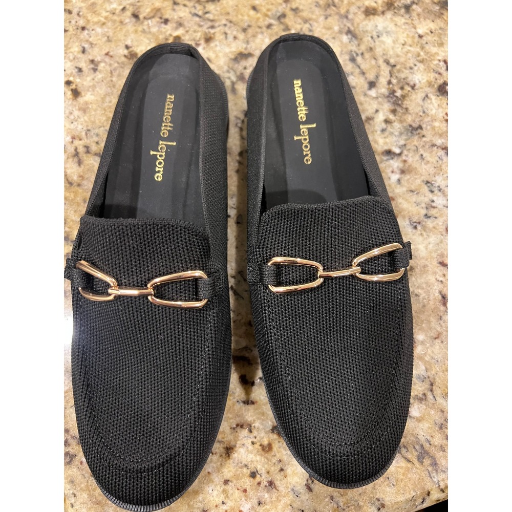 Nanette Lepore Vienna Black Knit Mule Loafers Gold Chain Bit Slip On Shoes 7.5
